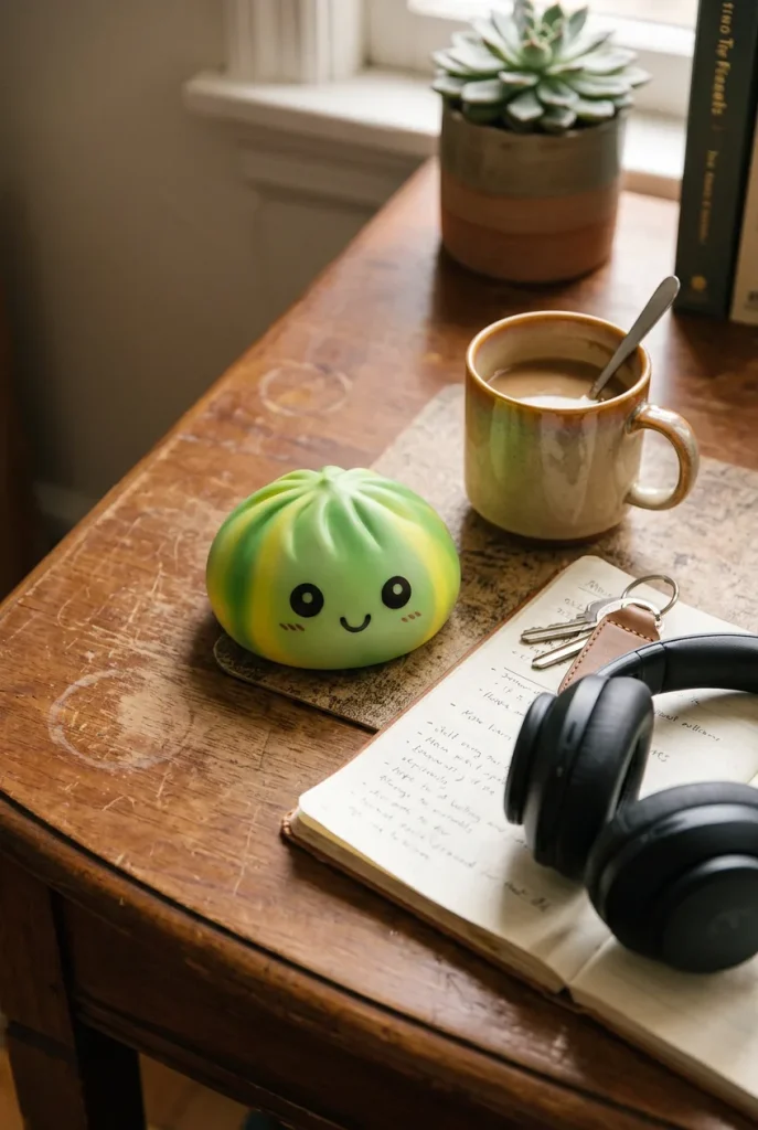 Squishy Dumpling Tie Dye Vert Tourbillon posé sur un bureau, dans le quotidien