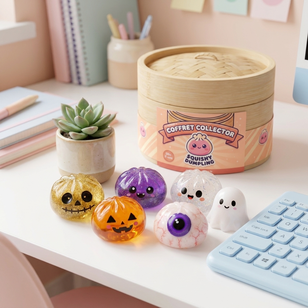 Squishy Dumpling Halloween Set de 5 en ambiance sur un bureau
