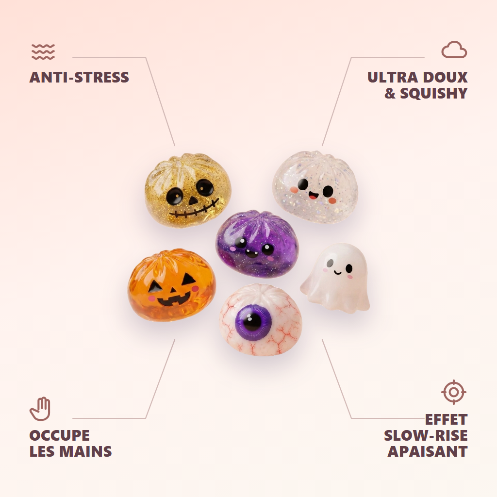 Squishy Dumpling Halloween Set de 5 — anti-stress, ultra doux, effet slow-rise