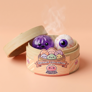 Squishy Dumpling Halloween Set de 5 dans sa boîte panier vapeur façon bambou