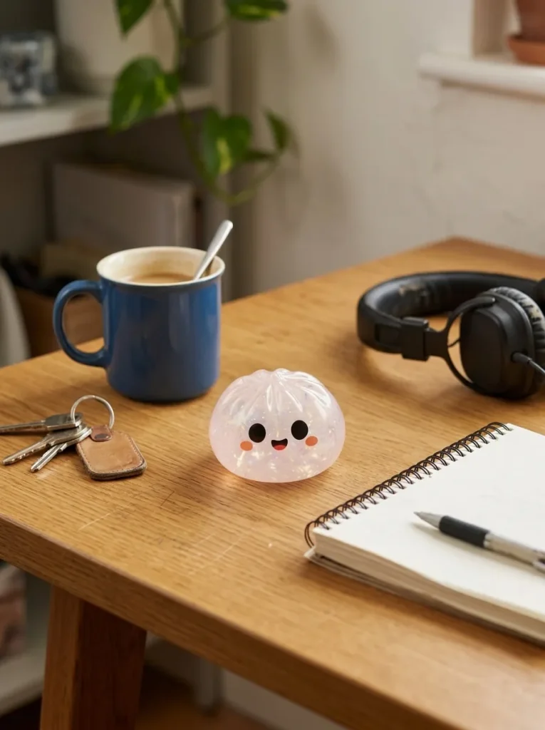 Squishy Dumpling Halloween Set de 5 posé sur un bureau, dans le quotidien