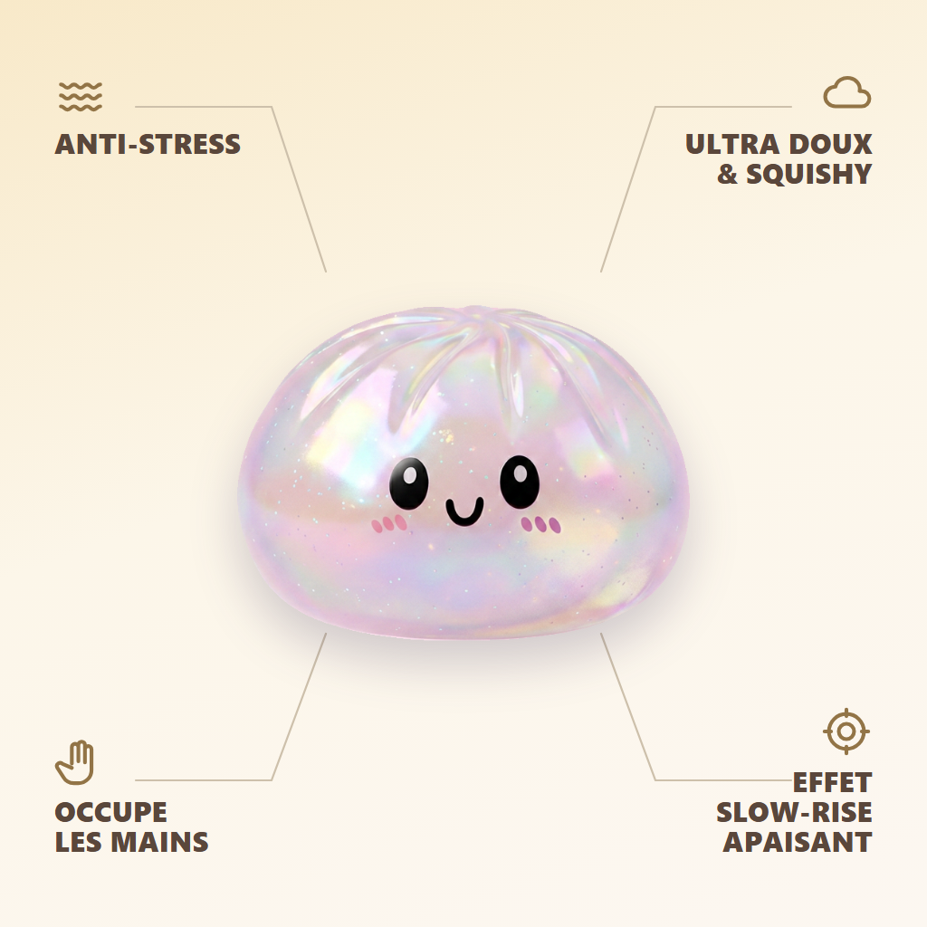 Squishy Dumpling Holographique Iridescent — anti-stress, ultra doux, effet slow-rise