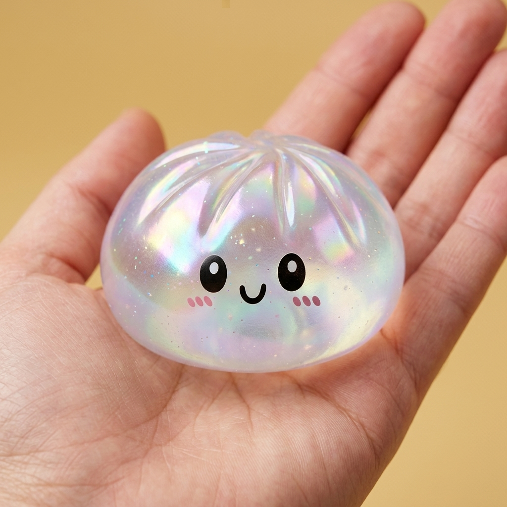 Squishy Dumpling Holographique Iridescent tenu en main, taille réelle