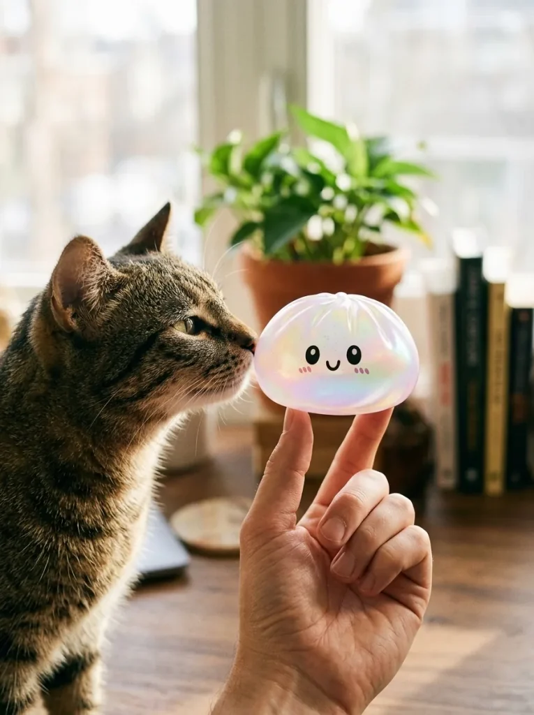 Squishy Dumpling Holographique Iridescent tenu près d'un animal de compagnie curieux