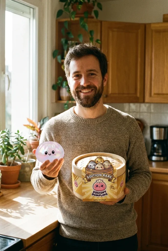 Squishy Dumpling Holographique Iridescent présenté avec sa boîte panier vapeur — photo client