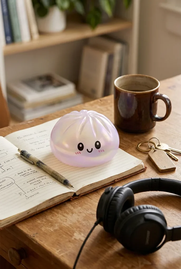Squishy Dumpling Holographique Iridescent posé sur un bureau, dans le quotidien