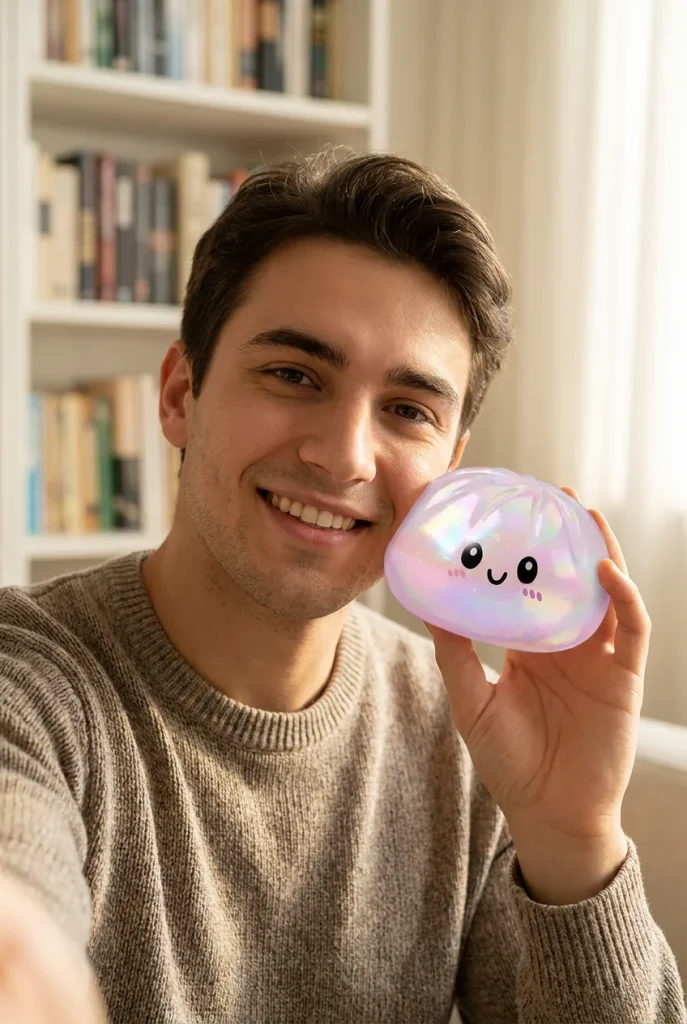 Squishy Dumpling Holographique Iridescent tenu près du visage — photo client