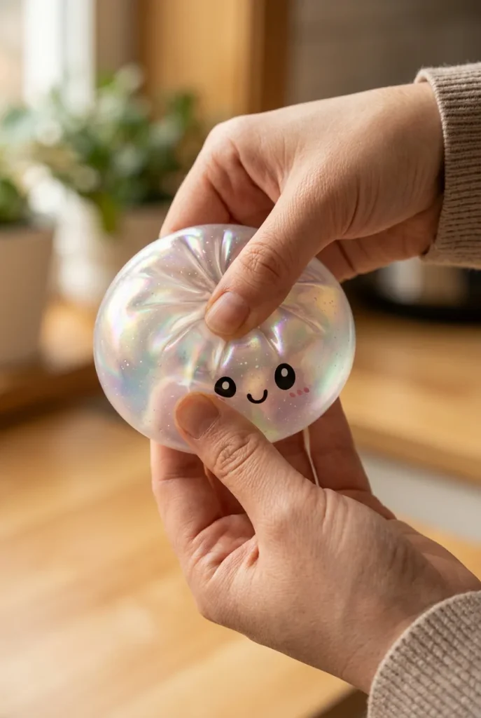 Squishy Dumpling Holographique Iridescent pressé dans la main — effet squishy slow-rise