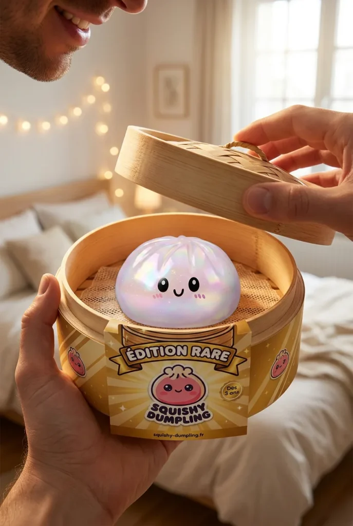 Déballage du Squishy Dumpling Holographique Iridescent — la boîte panier vapeur s'ouvre
