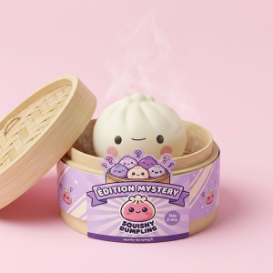 Dumpling Squishy Japonais Kawaii dans sa boîte panier vapeur bambou