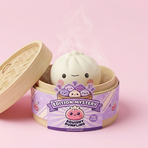 Dumpling Squishy Japonais Kawaii dans sa boîte panier vapeur bambou