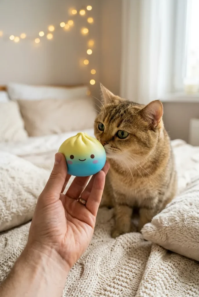 Dumpling Squishy Japonais Kawaii tenu près d'un animal de compagnie curieux