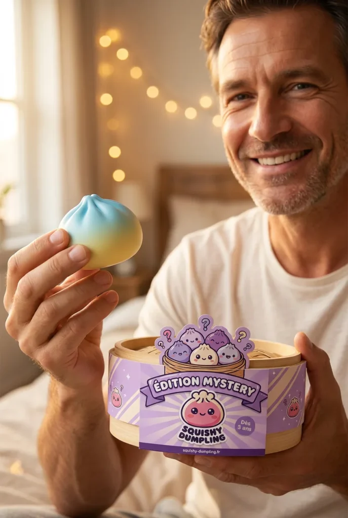 Dumpling Squishy Japonais Kawaii présenté avec sa boîte panier vapeur — photo client