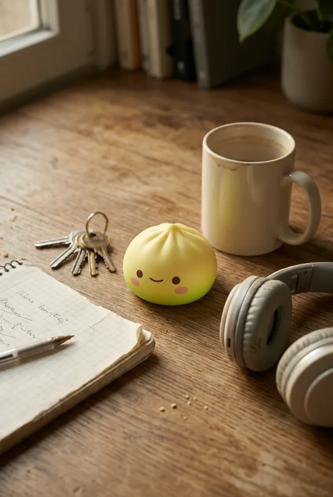 Dumpling Squishy Japonais Kawaii posé sur un bureau, dans le quotidien