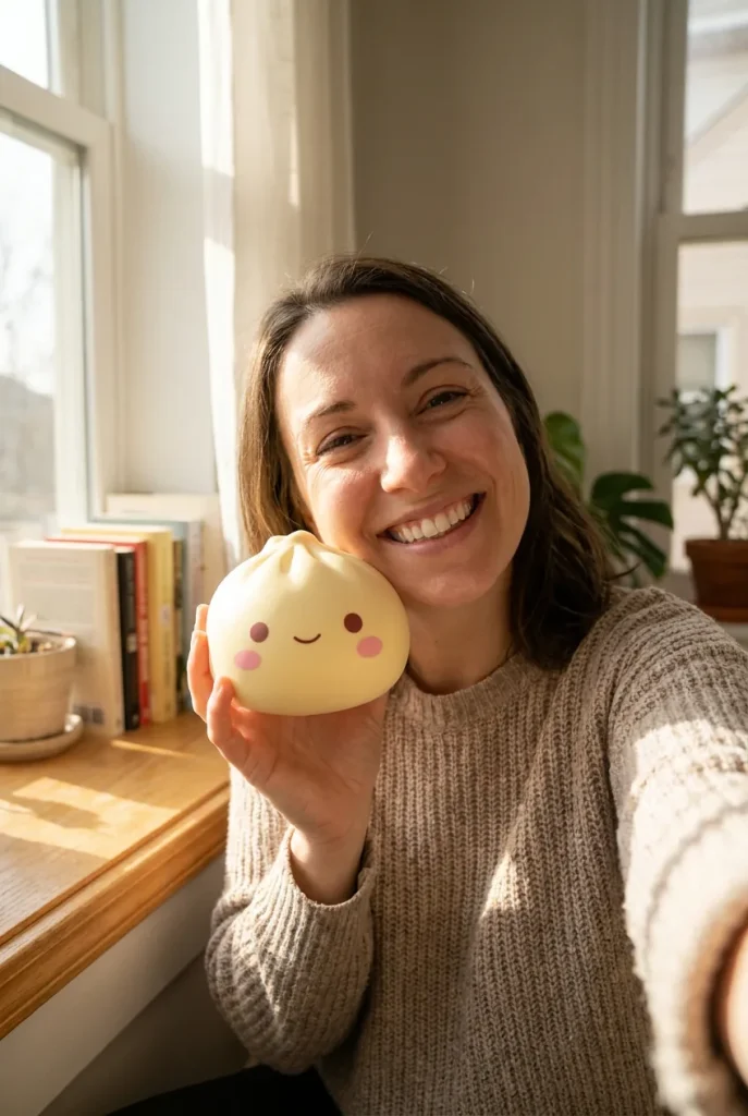 Dumpling Squishy Japonais Kawaii tenu près du visage — photo client