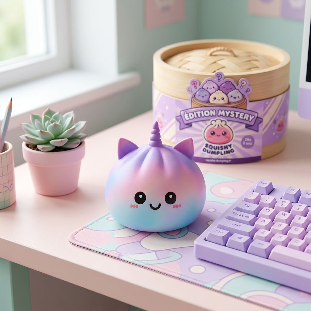 Jumbo Dumpling Squishy Licorne Arc-en-ciel en ambiance sur un bureau