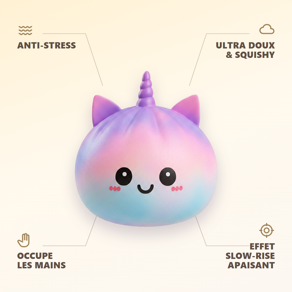 Jumbo Dumpling Squishy Licorne Arc-en-ciel — anti-stress, ultra doux, effet slow-rise