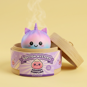 Jumbo Dumpling Squishy Licorne Arc-en-ciel dans sa boîte panier vapeur bambou