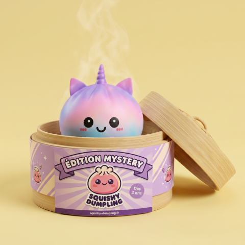 Jumbo Dumpling Squishy Licorne Arc-en-ciel dans sa boîte panier vapeur bambou