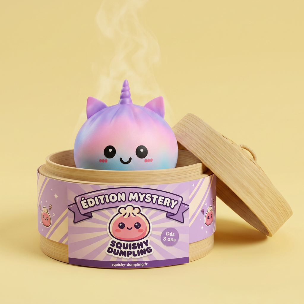 Jumbo Dumpling Squishy Licorne Arc-en-ciel dans sa boîte panier vapeur bambou
