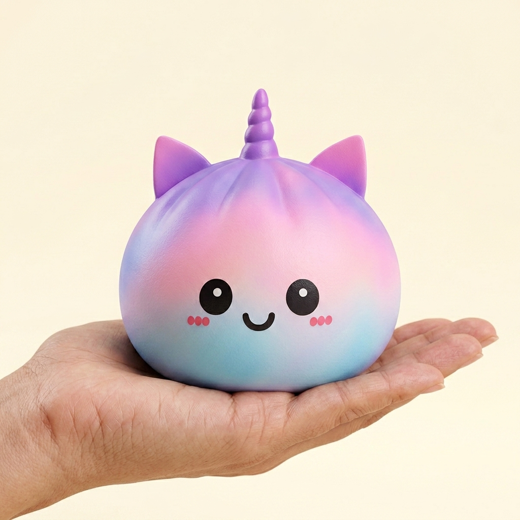 Jumbo Dumpling Squishy Licorne Arc-en-ciel tenu en main, taille réelle