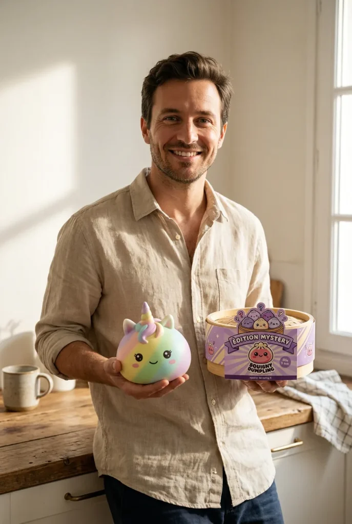 Jumbo Dumpling Squishy Licorne Arc-en-ciel présenté avec sa boîte panier vapeur — photo client