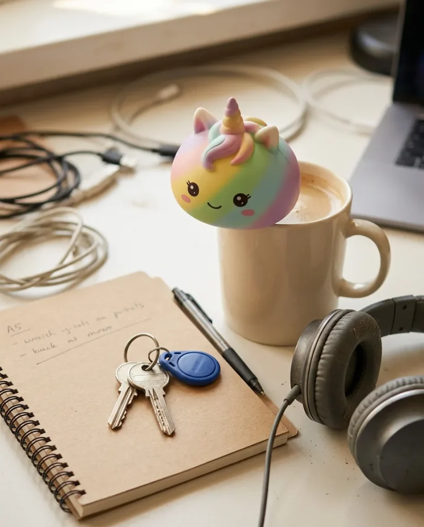 Jumbo Dumpling Squishy Licorne Arc-en-ciel posé sur un bureau, dans le quotidien