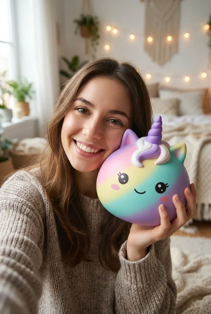 Jumbo Dumpling Squishy Licorne Arc-en-ciel tenu près du visage — photo client