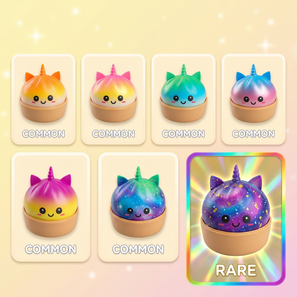 Jumbo Dumpling Squishy Licorne Arc-en-ciel — carte des raretés (commun, rare, ultra rare)