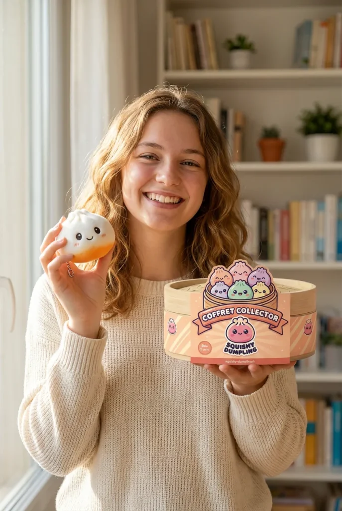 Dumpling Squishy Porte-Clés Peluche X6 présenté avec sa boîte panier vapeur — photo client
