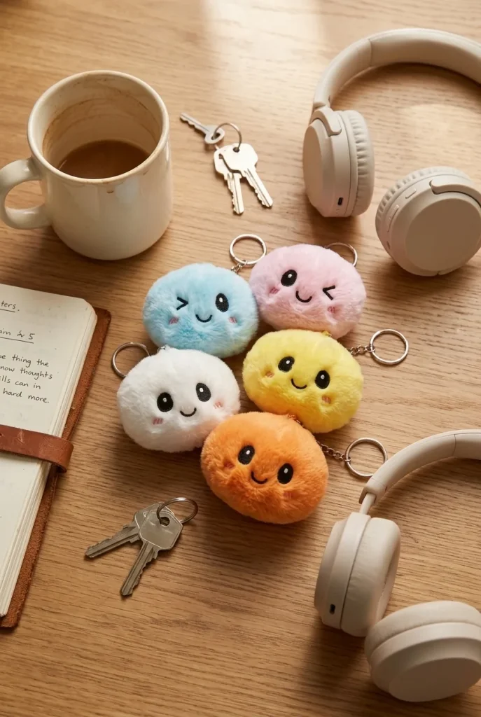 Dumpling Squishy Porte-Clés Peluche X6 posé sur un bureau, dans le quotidien
