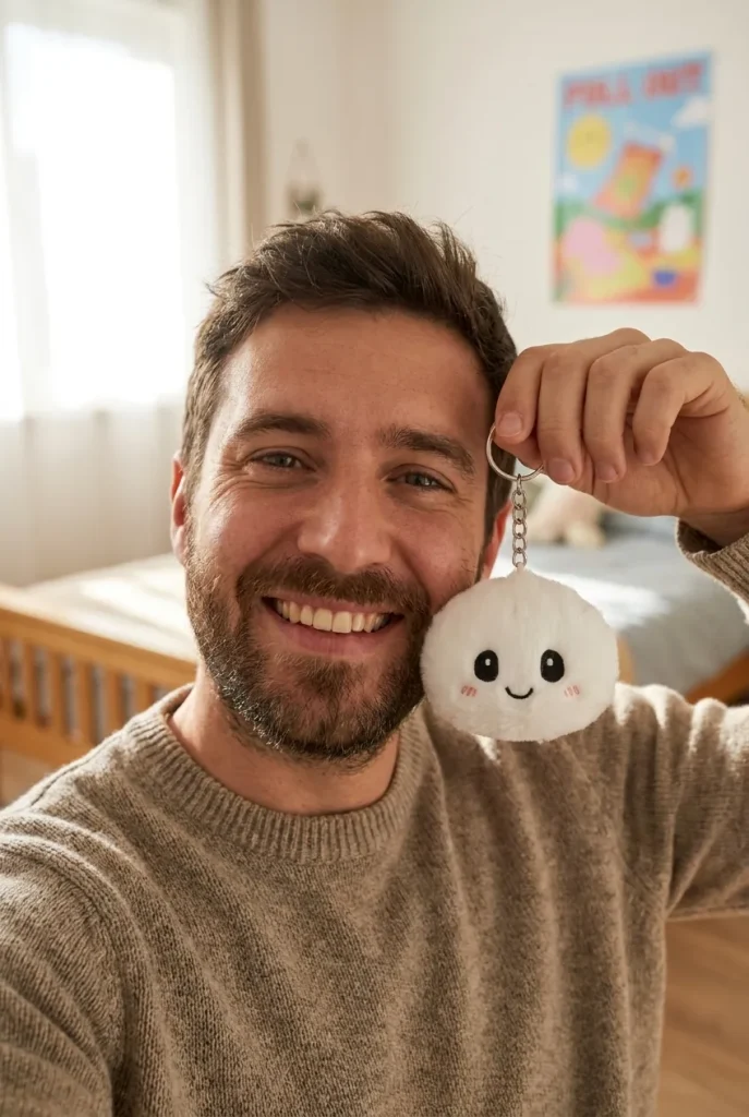 Dumpling Squishy Porte-Clés Peluche X6 tenu près du visage — photo client
