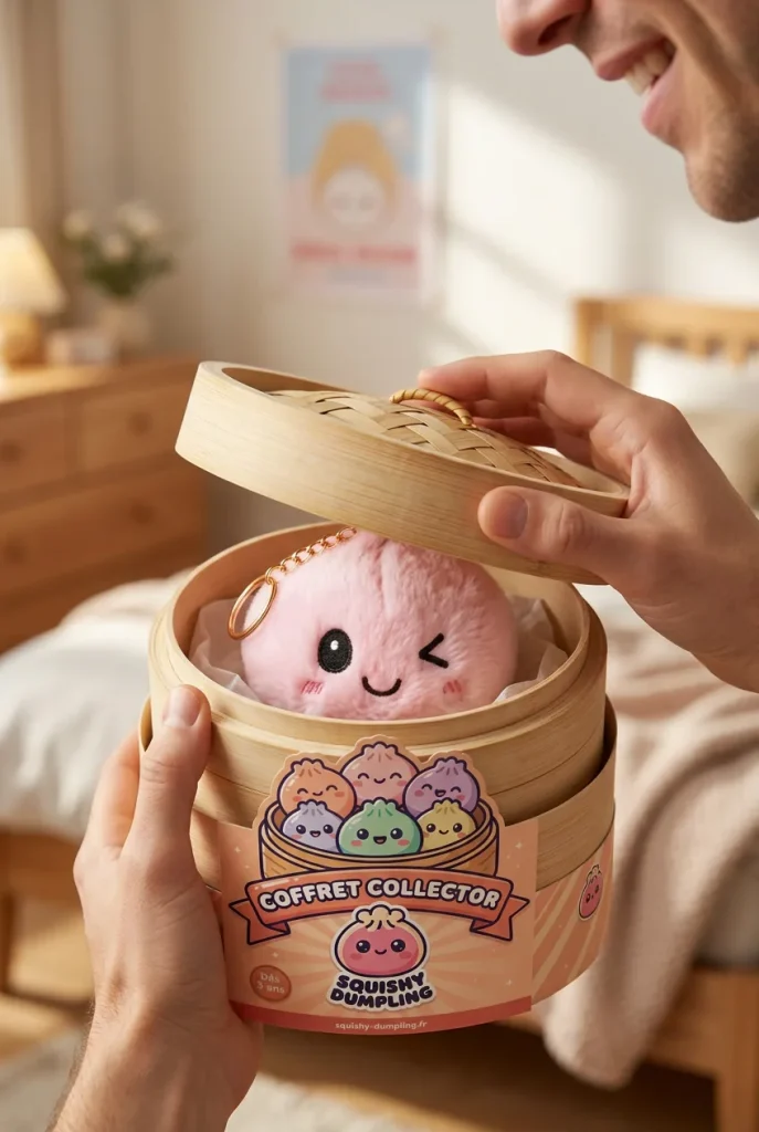 Déballage du Dumpling Squishy Porte-Clés Peluche X6 — la boîte panier vapeur s'ouvre