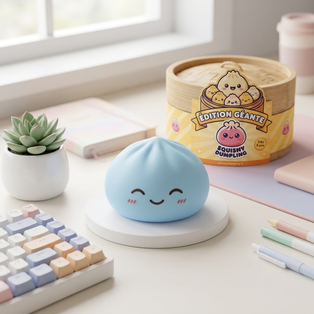 Squishy Dumpling Bleu Géant Jumbo en ambiance sur un bureau