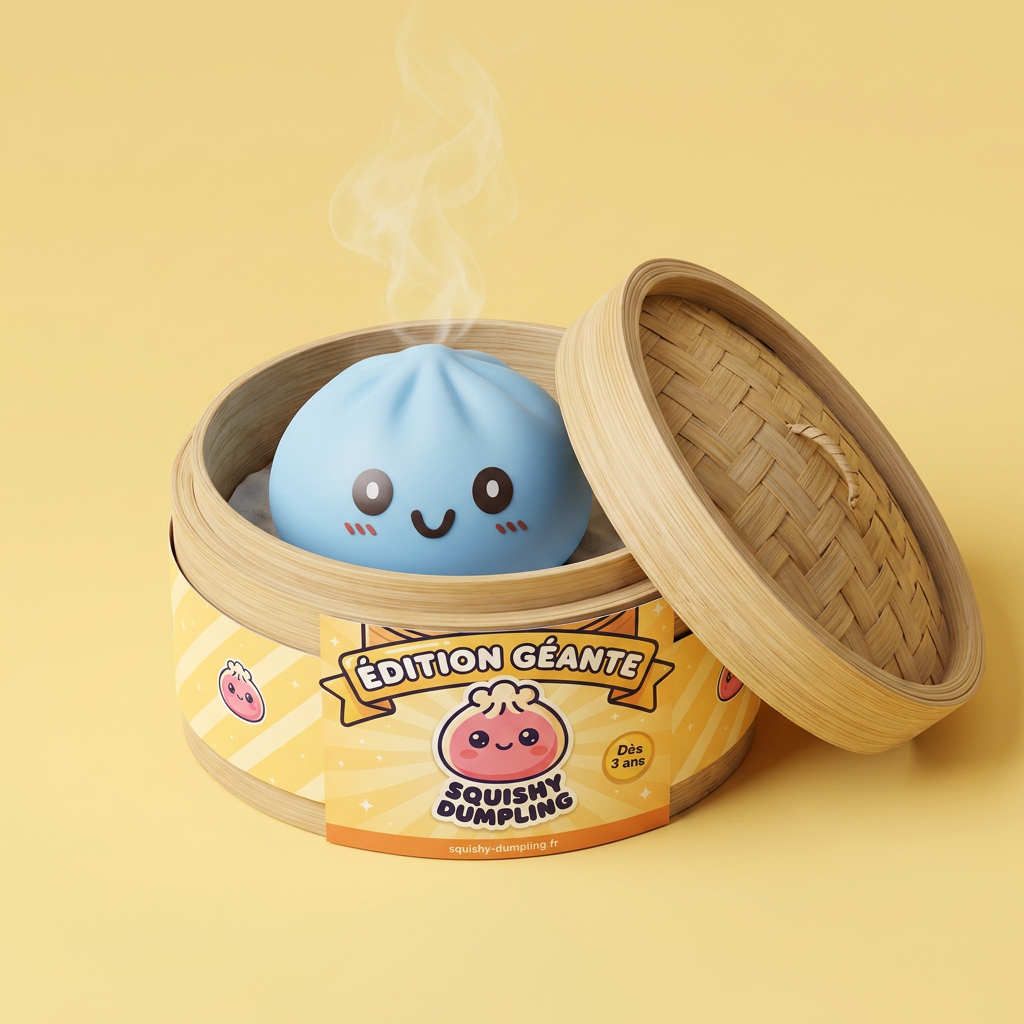 Squishy Dumpling Bleu Géant Jumbo dans sa boîte panier vapeur bambou