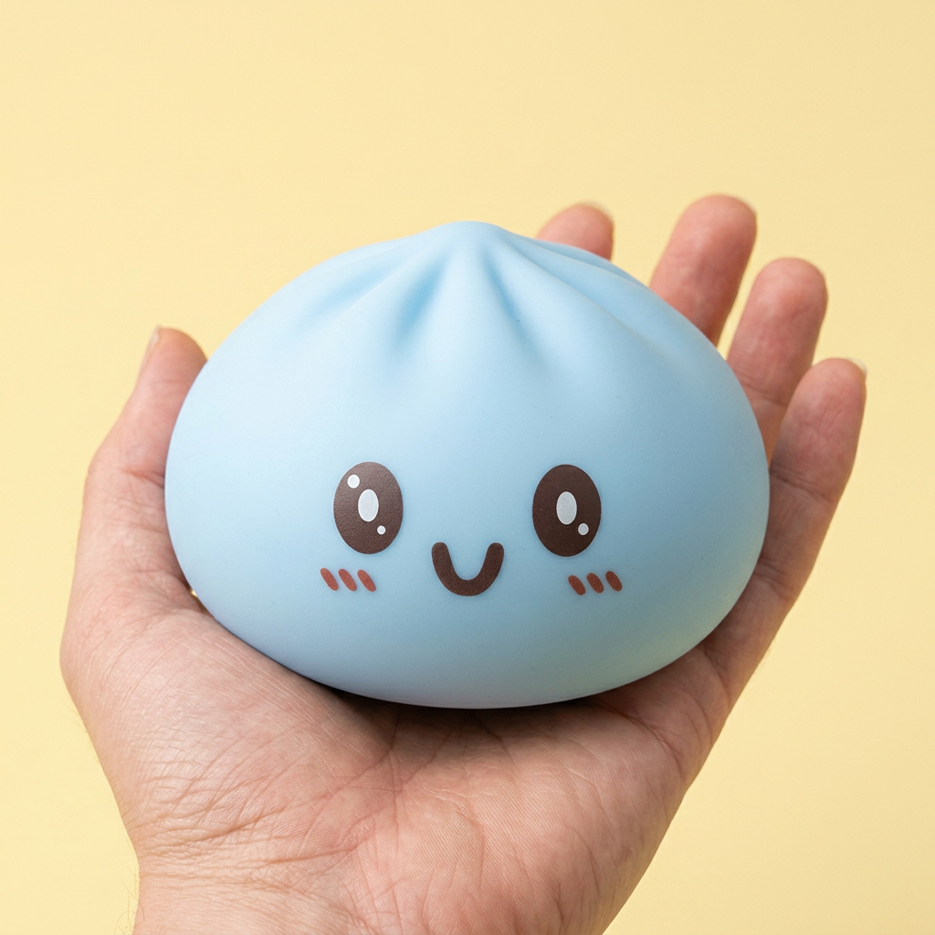 Squishy Dumpling Bleu Géant Jumbo tenu en main, taille réelle