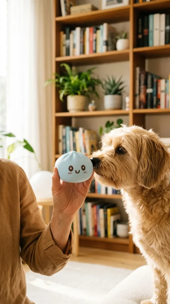 Squishy Dumpling Bleu Géant Jumbo tenu près d'un animal de compagnie curieux