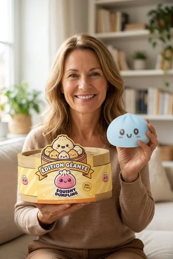 Squishy Dumpling Bleu Géant Jumbo présenté avec sa boîte panier vapeur — photo client