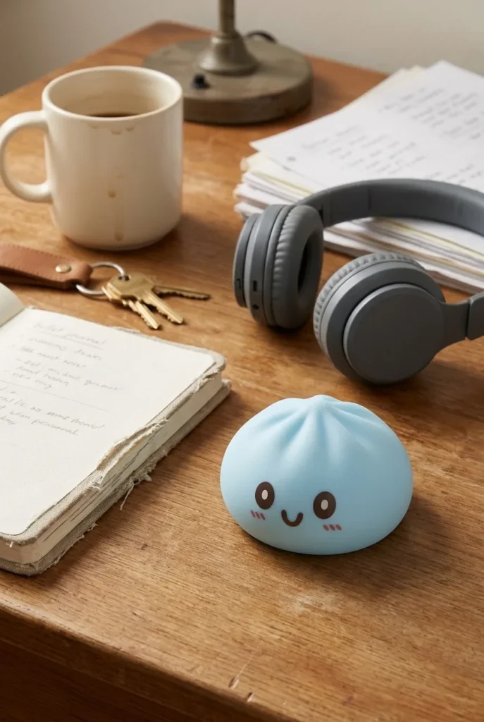 Squishy Dumpling Bleu Géant Jumbo posé sur un bureau, dans le quotidien