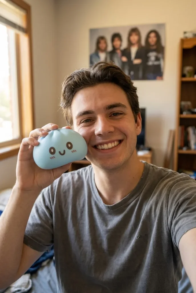 Squishy Dumpling Bleu Géant Jumbo tenu près du visage — photo client