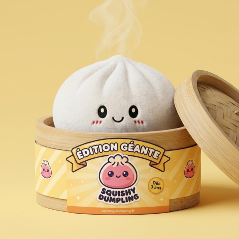 Squishy Dumpling Big Douceur dans sa boîte panier vapeur bambou