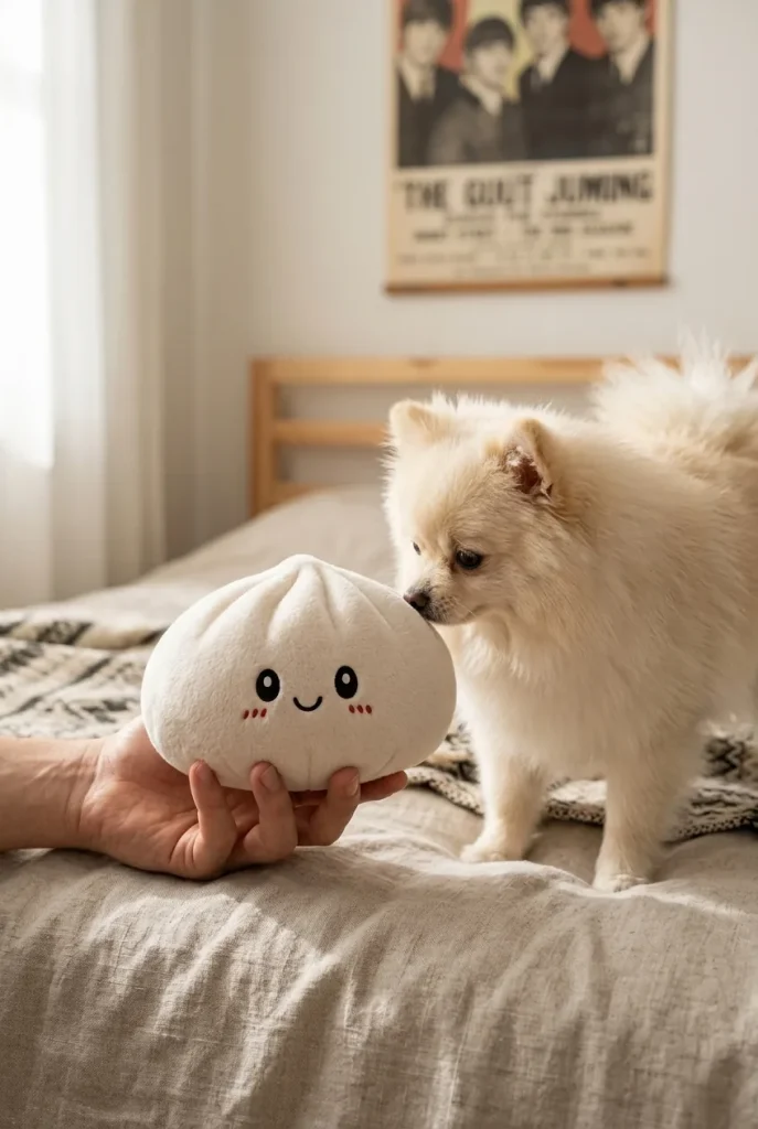 Squishy Dumpling Big Douceur tenu près d'un animal de compagnie curieux