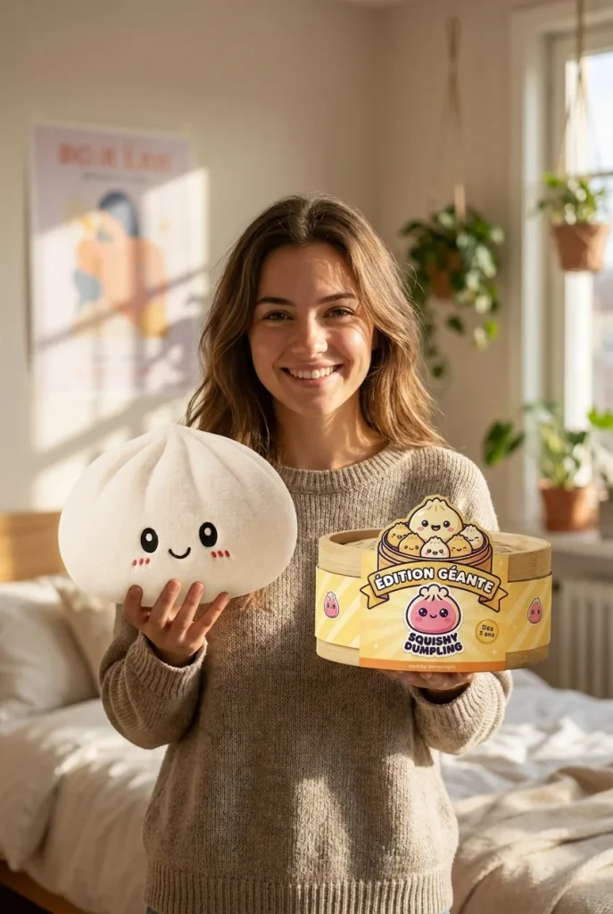 Squishy Dumpling Big Douceur présenté avec sa boîte panier vapeur — photo client