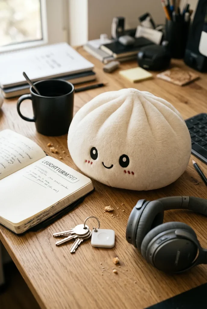 Squishy Dumpling Big Douceur posé sur un bureau, dans le quotidien