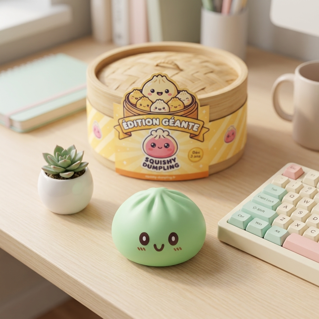 Squishy Dumpling Géant Vert Jumbo en ambiance sur un bureau