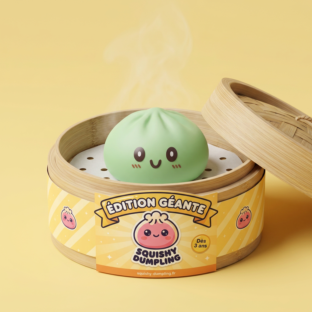 Squishy Dumpling Géant Vert Jumbo dans sa boîte panier vapeur bambou