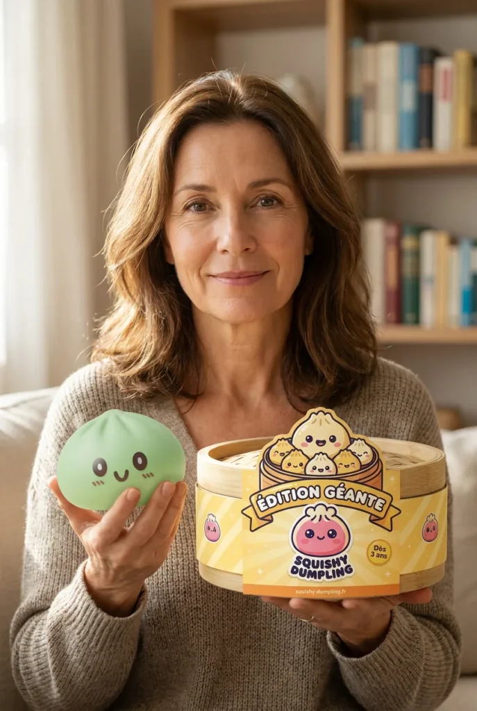 Squishy Dumpling Géant Vert Jumbo présenté avec sa boîte panier vapeur — photo client