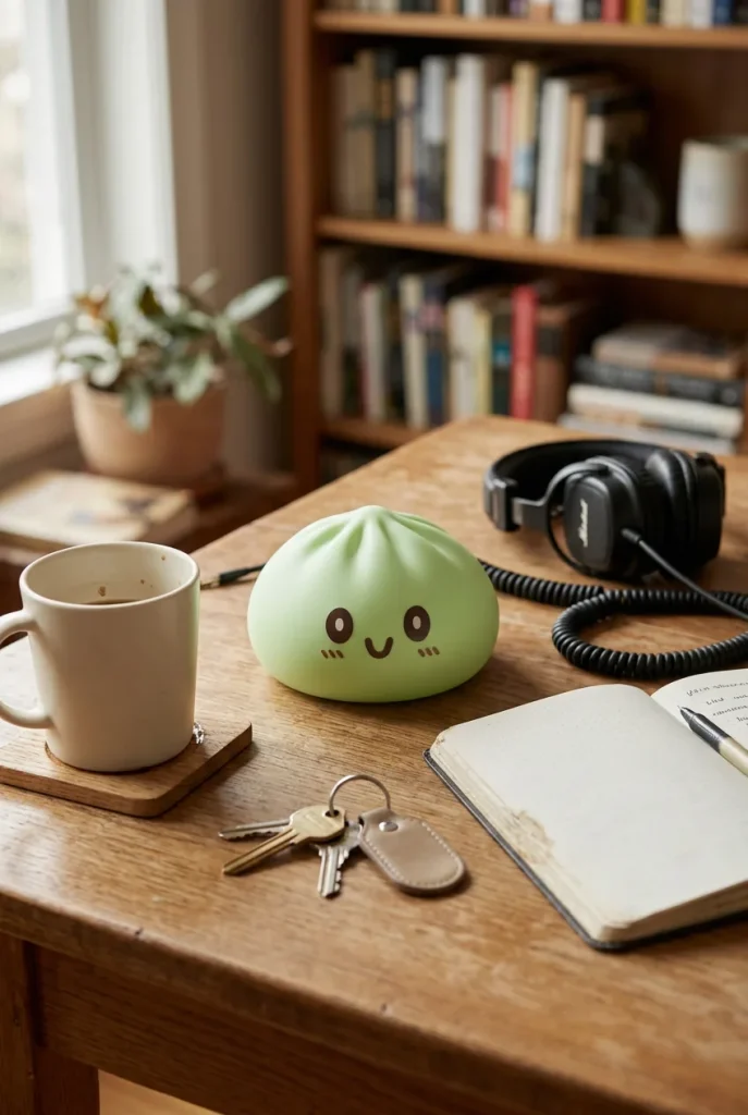 Squishy Dumpling Géant Vert Jumbo posé sur un bureau, dans le quotidien