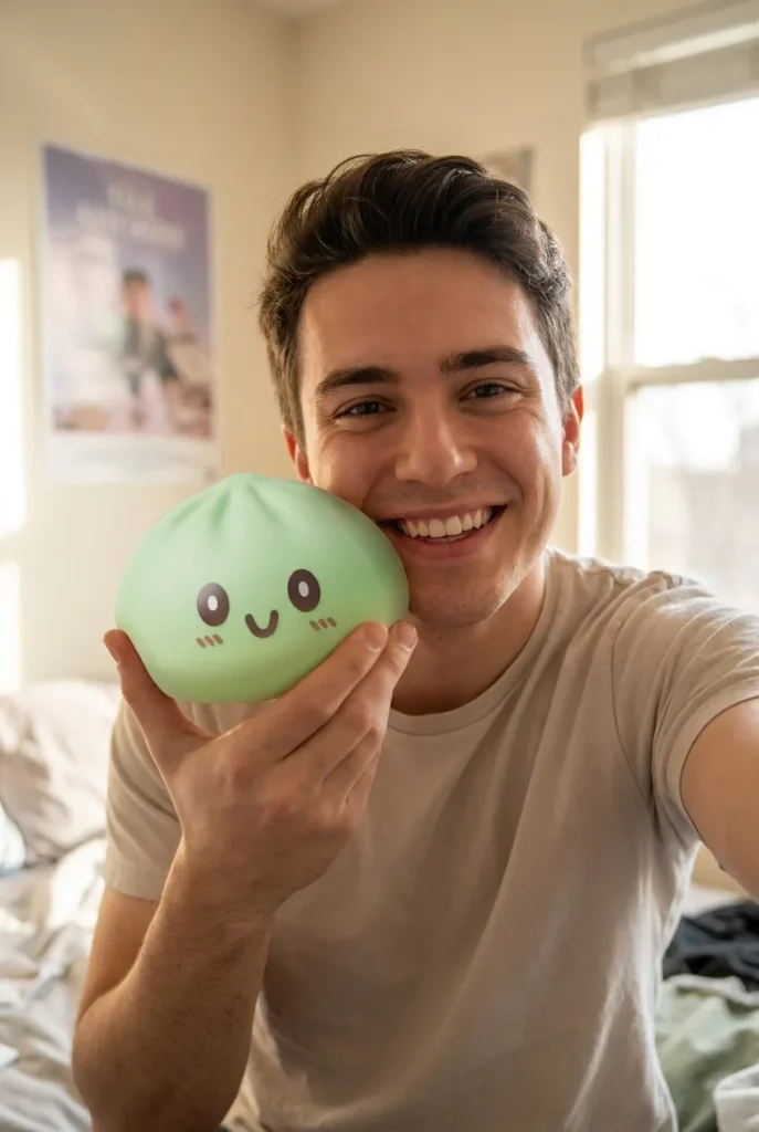 Squishy Dumpling Géant Vert Jumbo tenu près du visage — photo client
