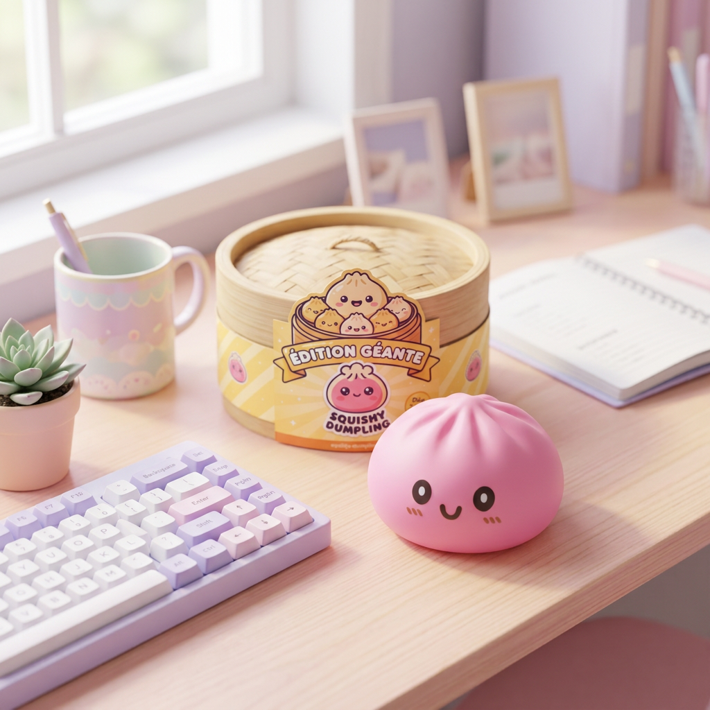 Dumpling Squishy Géant Rose en ambiance sur un bureau